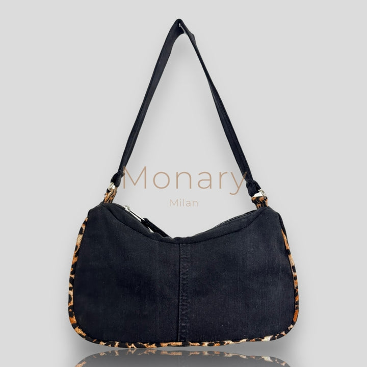 ⁨תיק גינס שחור בגימור מנומר⁩ - תיק Monary Milan